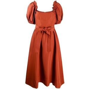 Self Portrait Rust Taffeta Midi Dress - 4 Rust Brown